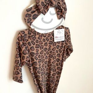 NEW Leopard Knotted Newborn Gown and Bow Set